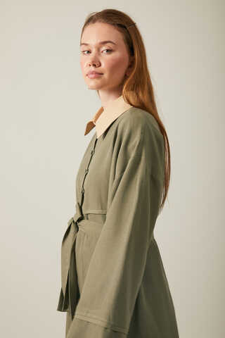 Buttoned Linen Abaya Khaki - 12