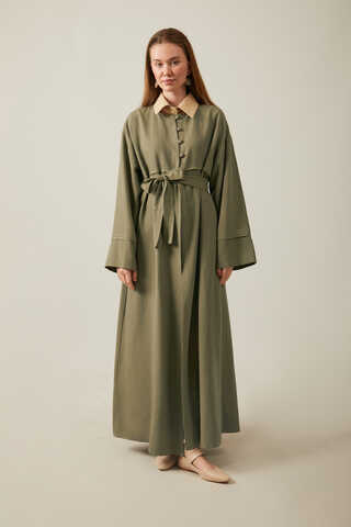 Buttoned Linen Abaya Khaki - 5