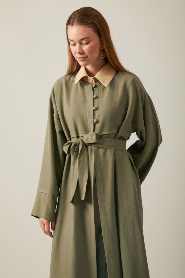 Buttoned Linen Abaya Khaki - 1
