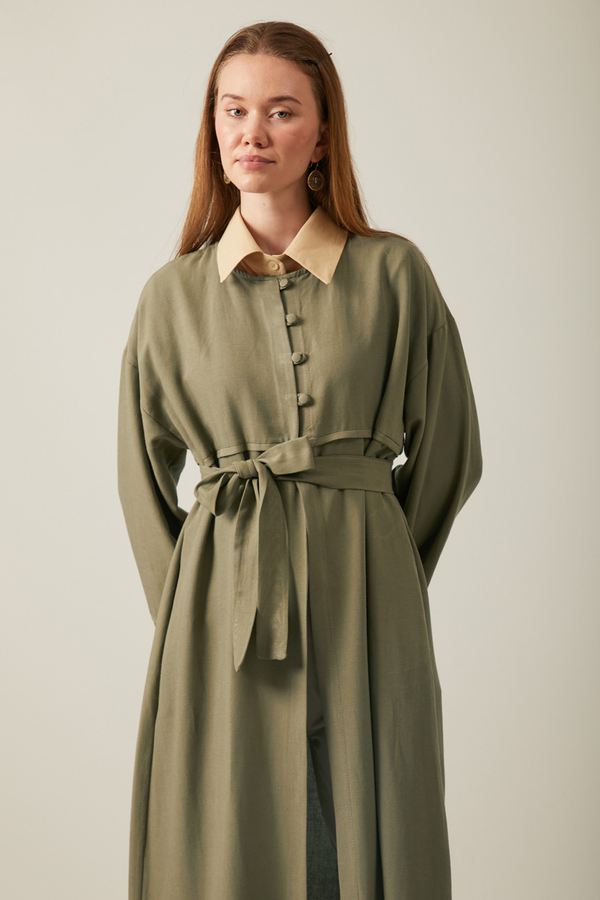 Buttoned Linen Abaya Khaki - 3