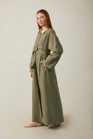 Buttoned Linen Abaya Khaki - 9
