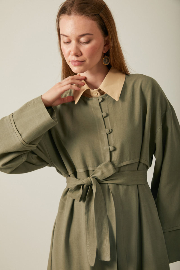 Buttoned Linen Abaya Khaki - 10