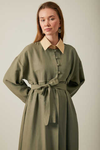 Buttoned Linen Abaya Khaki - 8
