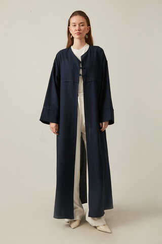 Buttoned Linen Abaya Navy Blue - 1