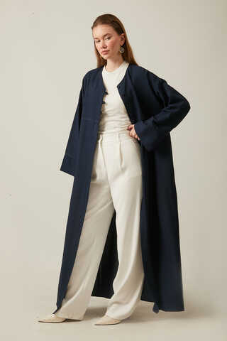 Buttoned Linen Abaya Navy Blue - 6