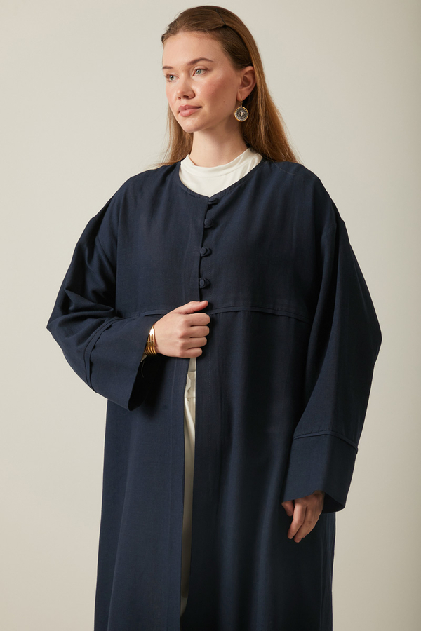 Buttoned Linen Abaya Navy Blue - 10
