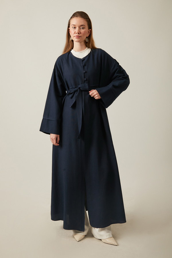 Buttoned Linen Abaya Navy Blue - 3