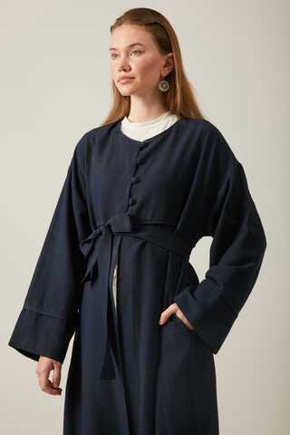 Buttoned Linen Abaya Navy Blue - 5