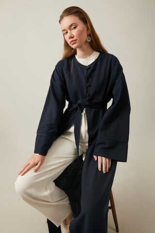 Buttoned Linen Abaya Navy Blue - 4