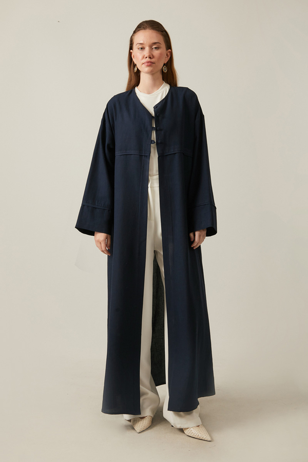 Buttoned Linen Abaya Navy Blue - 1
