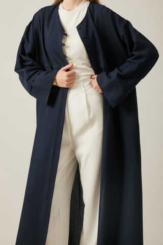 Buttoned Linen Abaya Navy Blue - 8