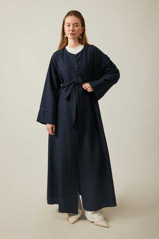 Buttoned Linen Abaya Navy Blue - 3