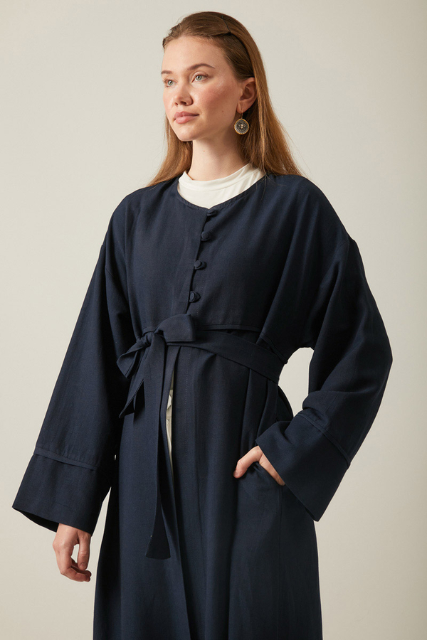 Buttoned Linen Abaya Navy Blue - 5