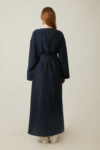 Buttoned Linen Abaya Navy Blue - 14