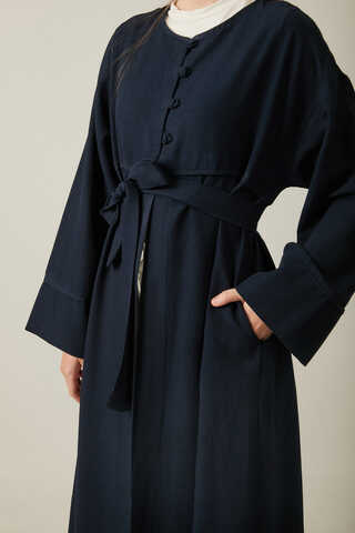 Buttoned Linen Abaya Navy Blue - 12