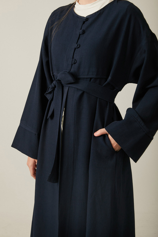 Buttoned Linen Abaya Navy Blue - 12