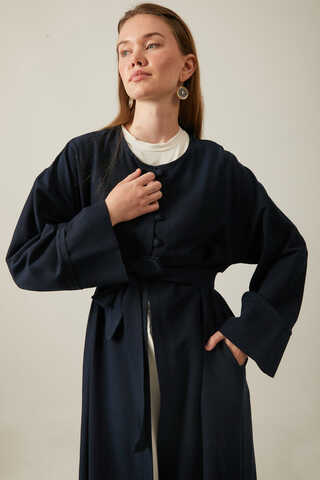 Buttoned Linen Abaya Navy Blue - 7