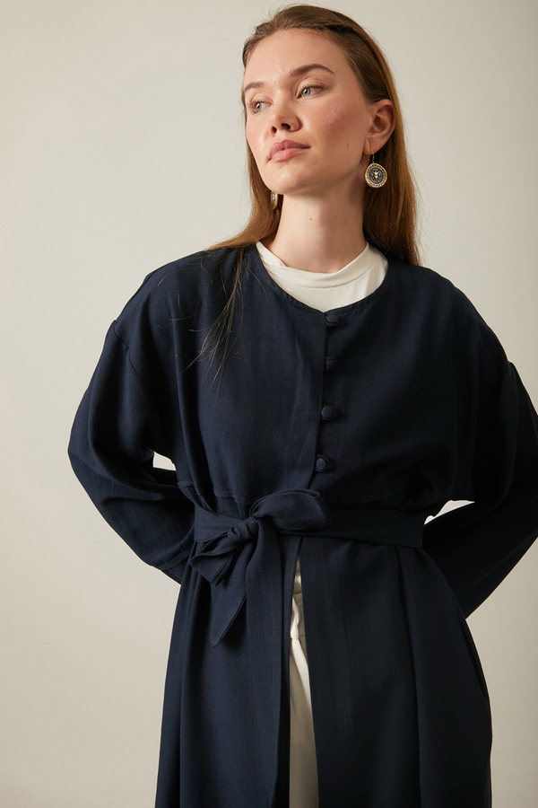 Buttoned Linen Abaya Navy Blue - 13