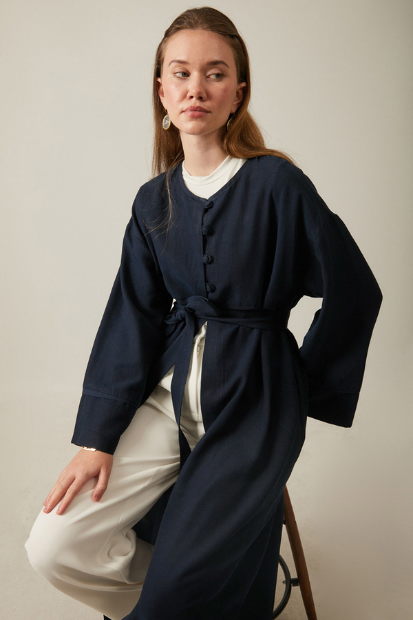Buttoned Linen Abaya Navy Blue - 9
