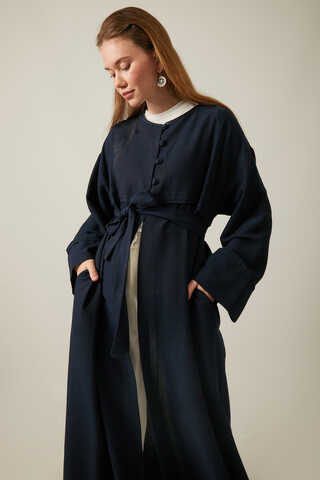 Buttoned Linen Abaya Navy Blue - 2