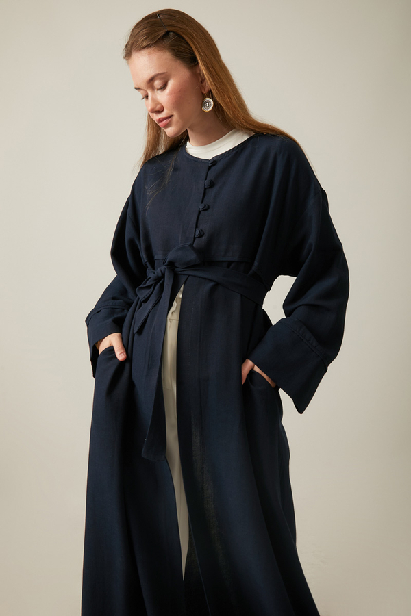 Buttoned Linen Abaya Navy Blue - 2