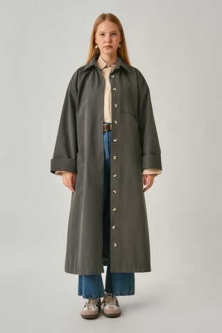 Buttoned Long Trenchcoat Anthracite - 1