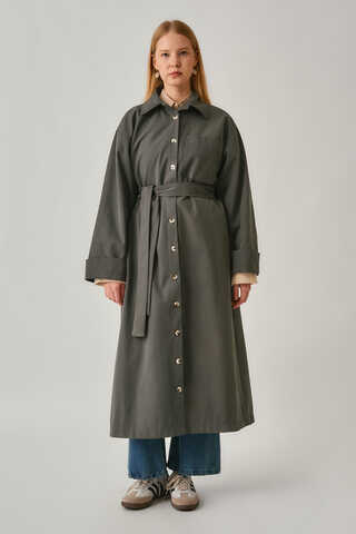 Buttoned Long Trenchcoat Anthracite - 4
