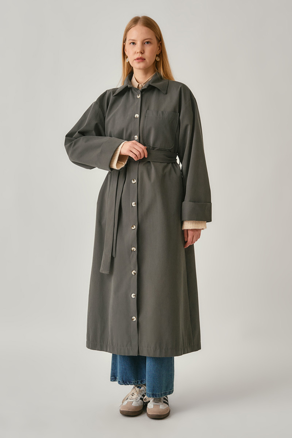 Buttoned Long Trenchcoat Anthracite - 5