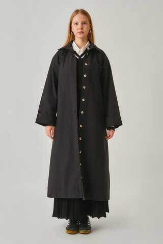 Buttoned Long Trenchcoat Black - 1