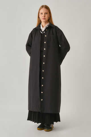 Buttoned Long Trenchcoat Black - 2