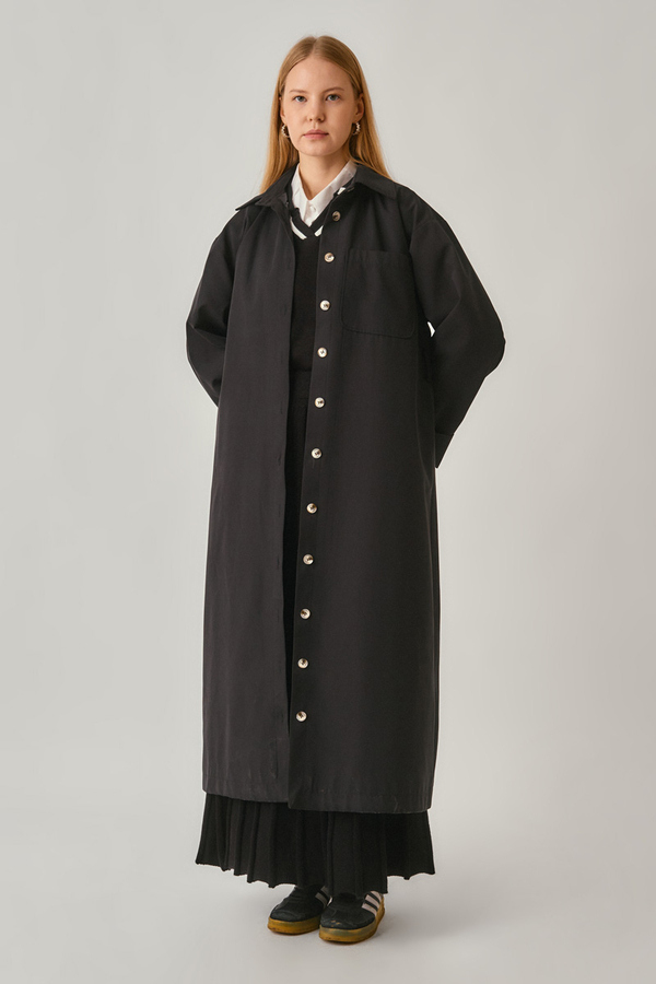 Buttoned Long Trenchcoat Black - 2