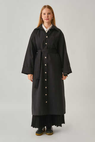 Buttoned Long Trenchcoat Black - 3