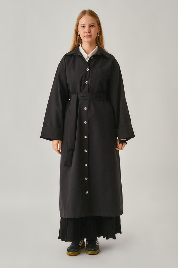 Buttoned Long Trenchcoat Black - 3