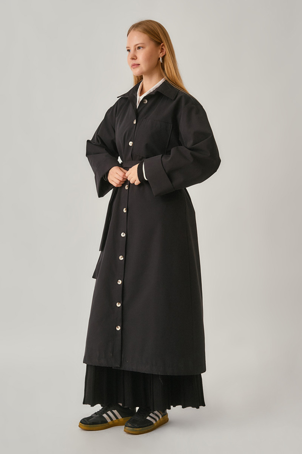 Buttoned Long Trenchcoat Black - 4