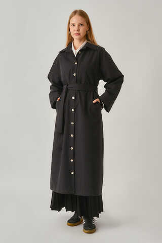 Buttoned Long Trenchcoat Black - 5