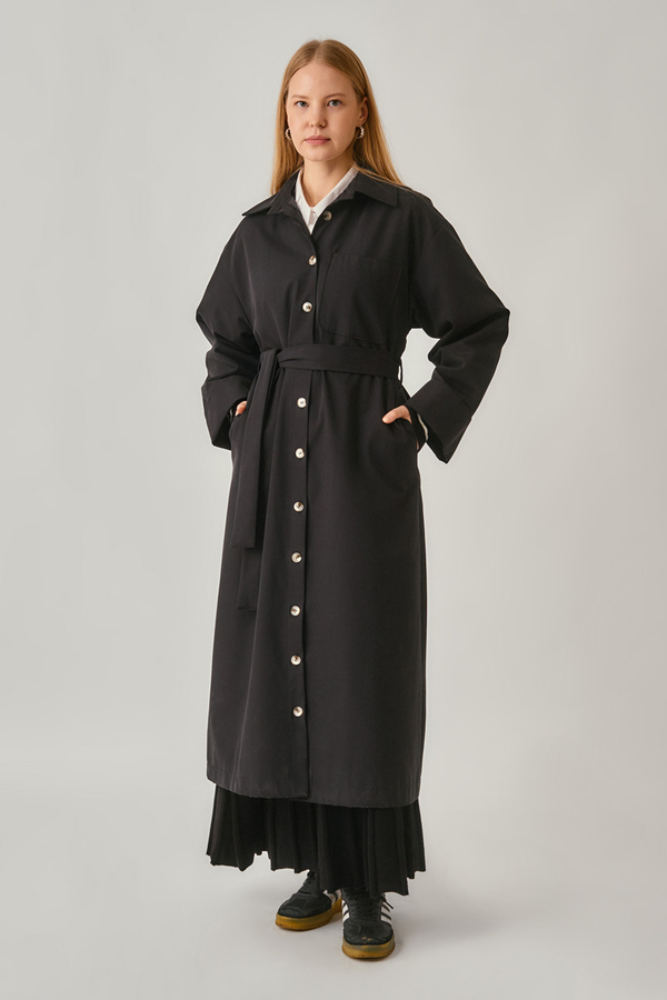 Buttoned Long Trenchcoat Black - 5