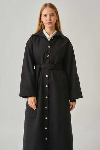 Buttoned Long Trenchcoat Black - 8