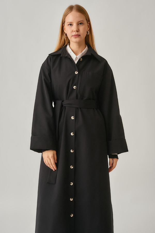 Buttoned Long Trenchcoat Black - 8