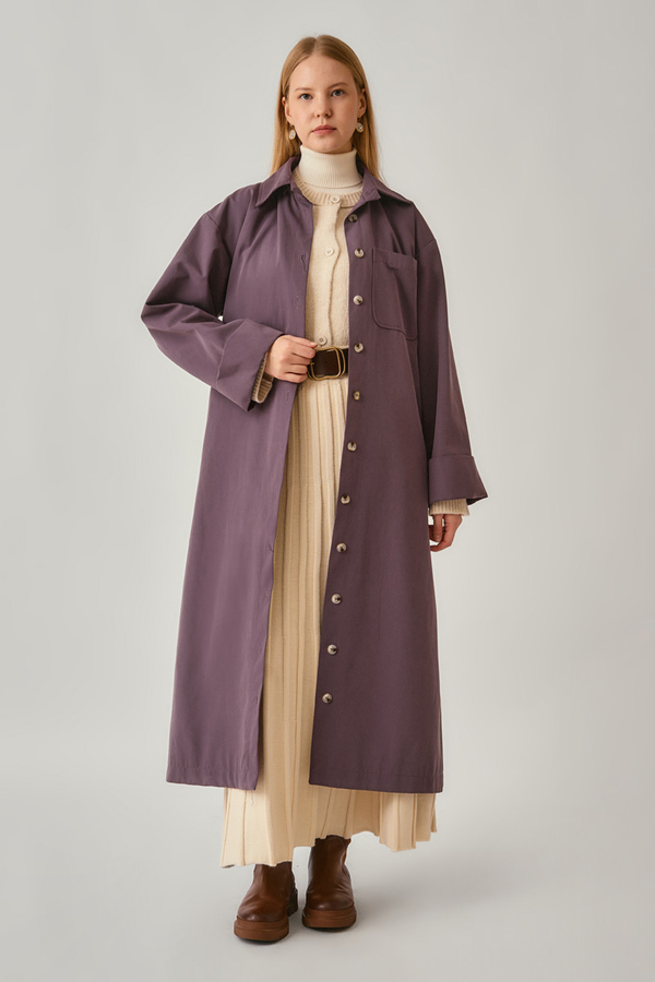 Buttoned Long Trenchcoat Dark Plum - 2