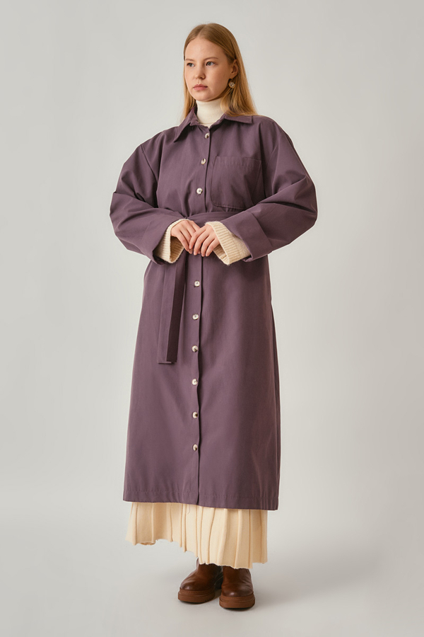 Buttoned Long Trenchcoat Dark Plum - 4