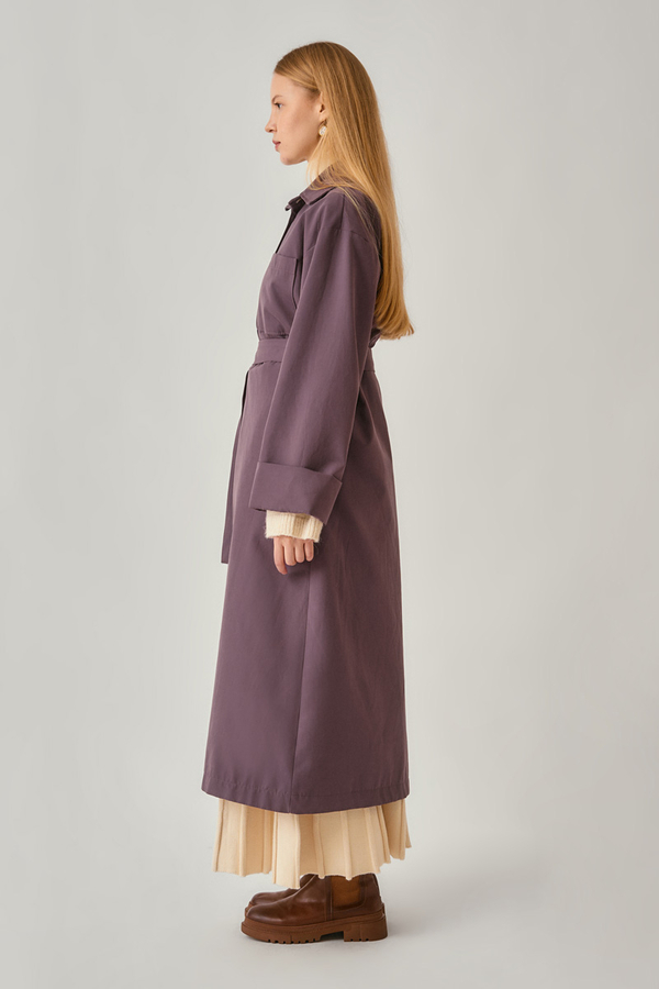 Buttoned Long Trenchcoat Dark Plum - 6