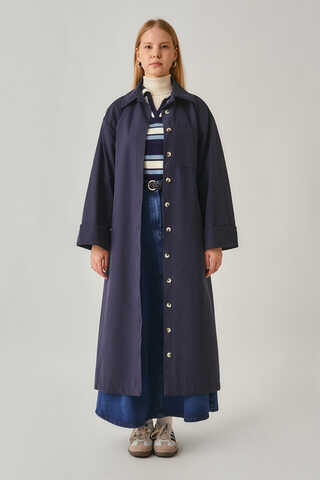 Buttoned Long Trenchcoat Navy - 3