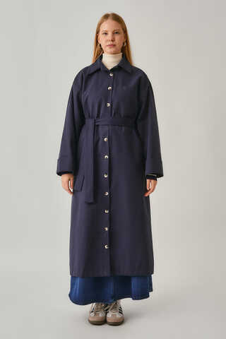 Buttoned Long Trenchcoat Navy - 4