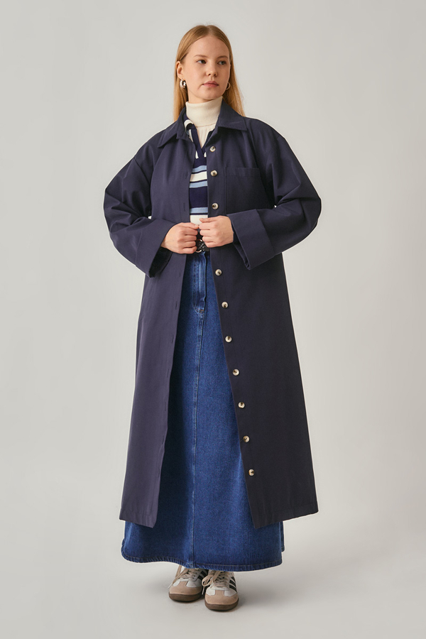Buttoned Long Trenchcoat Navy - 5