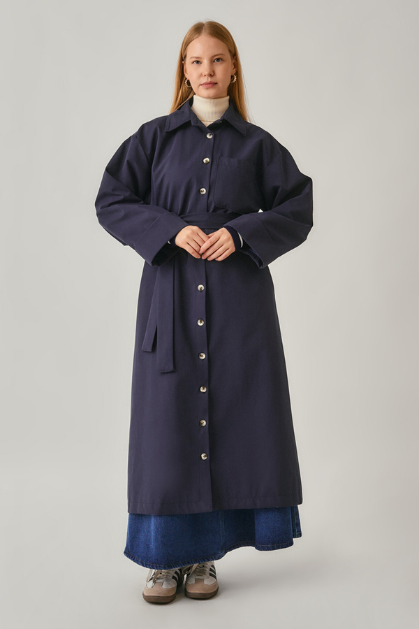 Buttoned Long Trenchcoat Navy - 6