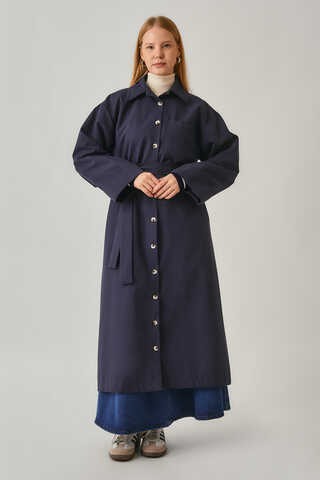 Buttoned Long Trenchcoat Navy - 9