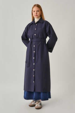 Buttoned Long Trenchcoat Navy - 11