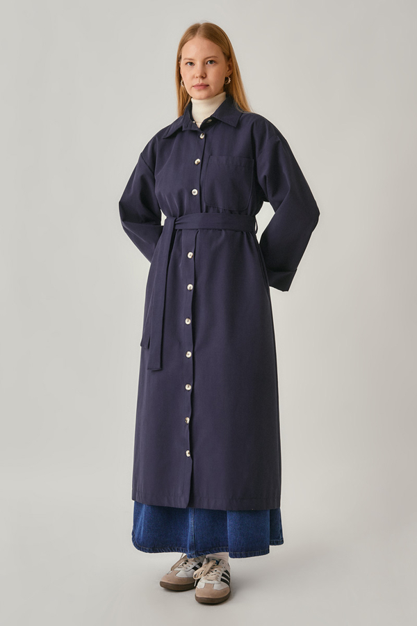 Buttoned Long Trenchcoat Navy - 11