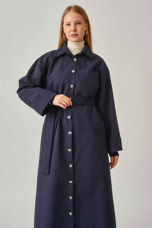 Buttoned Long Trenchcoat Navy - 16