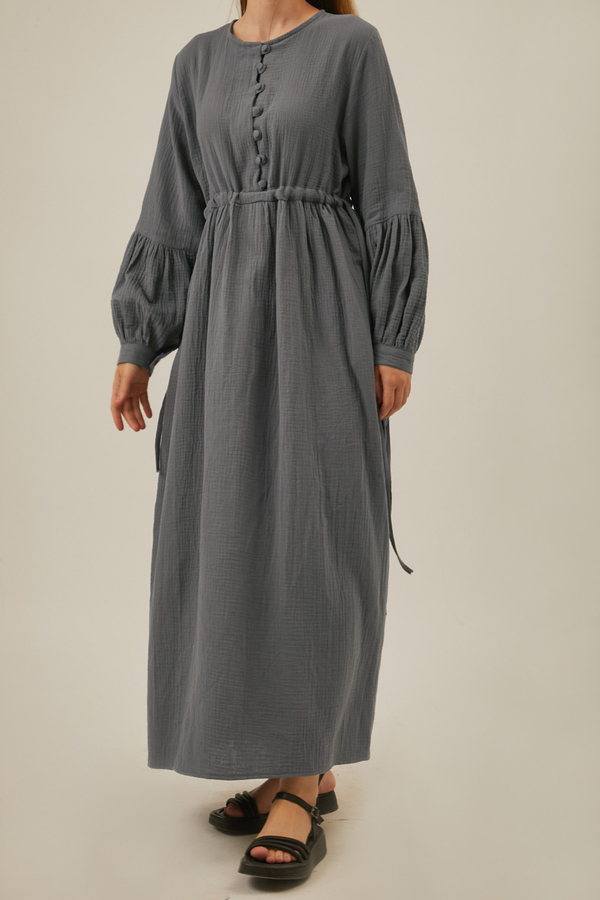 Buttoned Muslin Dress Anthracite - 4